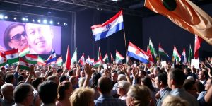 Rally politic cu participanți diversificați și steaguri.