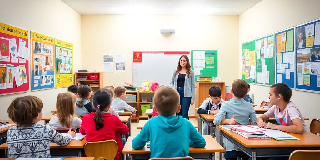 Clasă vibrantă cu elevi și profesor în România.