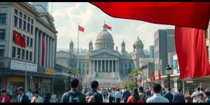 O imagine cu clădiri guvernamentale și activitate economică.