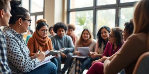 Oameni discutând despre politici sociale într-un mediu comunitar.