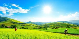 Peisaj rural cu fermieri și câmpuri verzi.