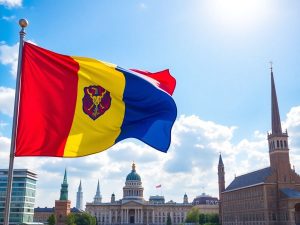 Steagul României fluturând lângă monumente mondiale.