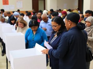 Oameni diversificați votând într-o secție de votare.