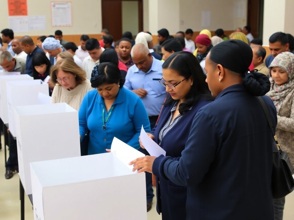 Oameni diversificați votând într-o secție de votare.