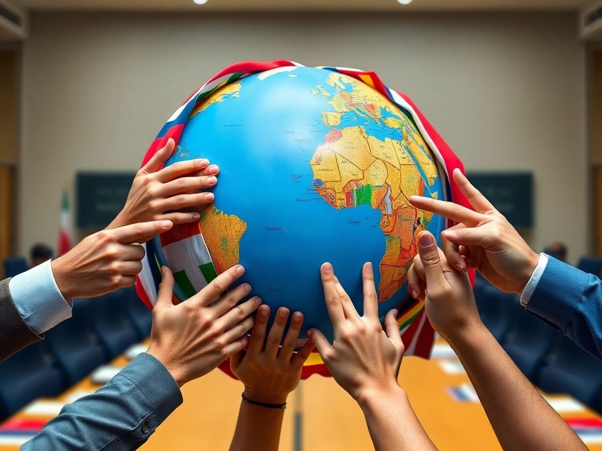 Hărți politice, steaguri și figuri diplomatice interacționând.
