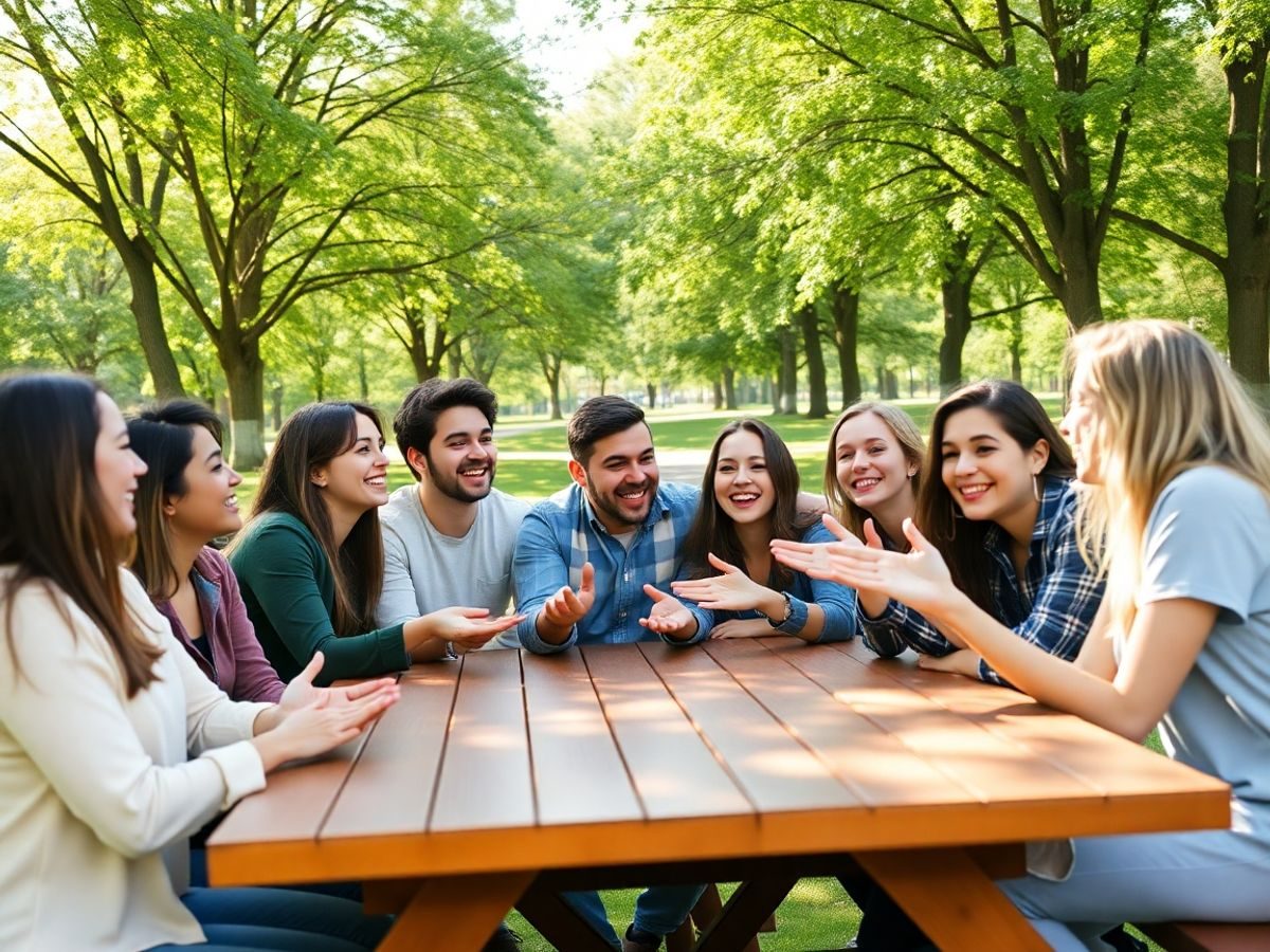 Tineri discutând și zâmbind în parc lângă masă din lemn