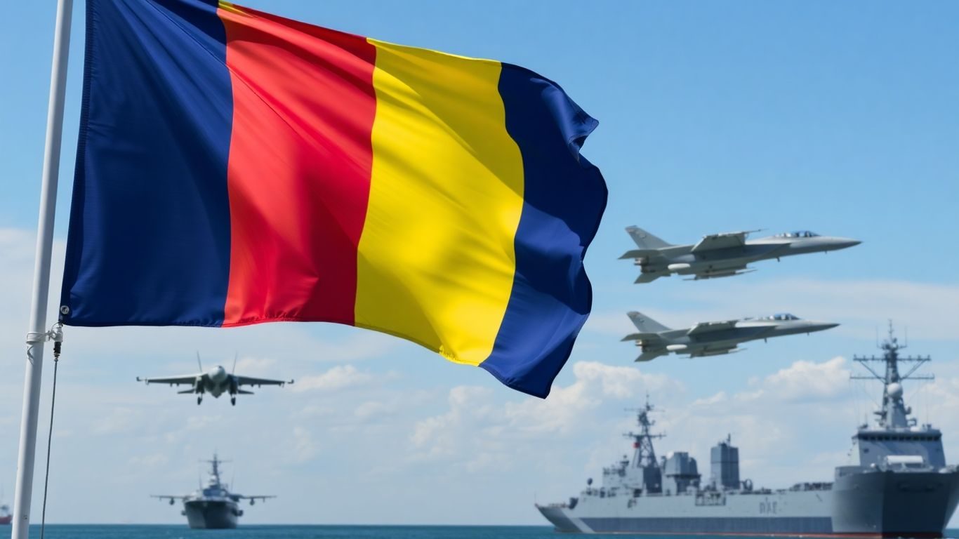 Steagul României flutură lângă avioane și nave militare.