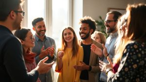 Oameni discutând constructiv în lumina soarelui.