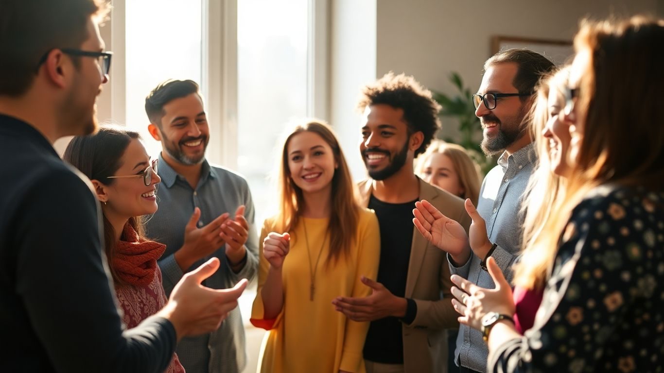 Oameni discutând constructiv în lumina soarelui.