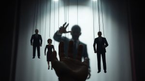 Lideri politici ca marionete manipulate din umbră.