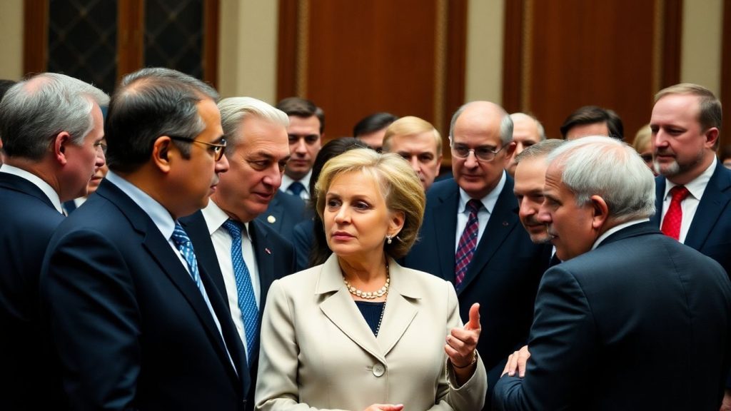 Politicieni români discutând în timpul unei conferințe.