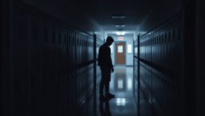 Elevi într-un liceu românesc, cu o atmosferă sumbră.